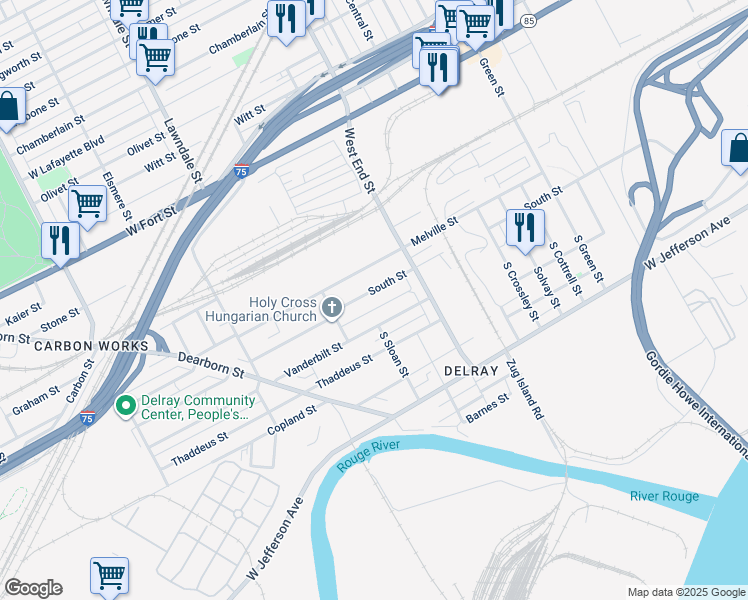 map of restaurants, bars, coffee shops, grocery stores, and more near 8159 Dill Place in Detroit