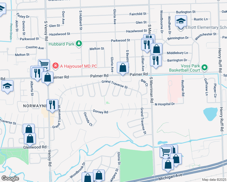 map of restaurants, bars, coffee shops, grocery stores, and more near 32037 Cheboygan Court in Westland