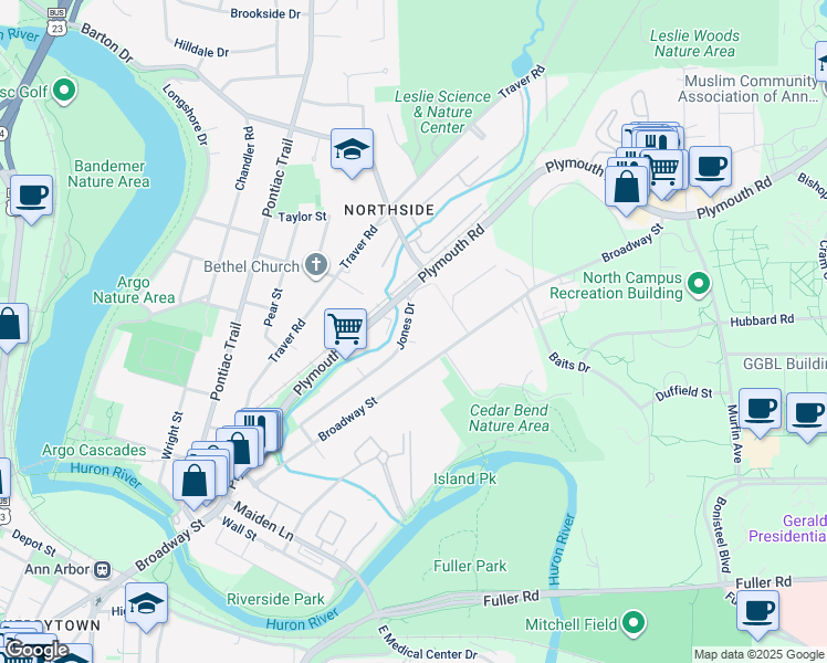 map of restaurants, bars, coffee shops, grocery stores, and more near 1530 Jones Drive in Ann Arbor