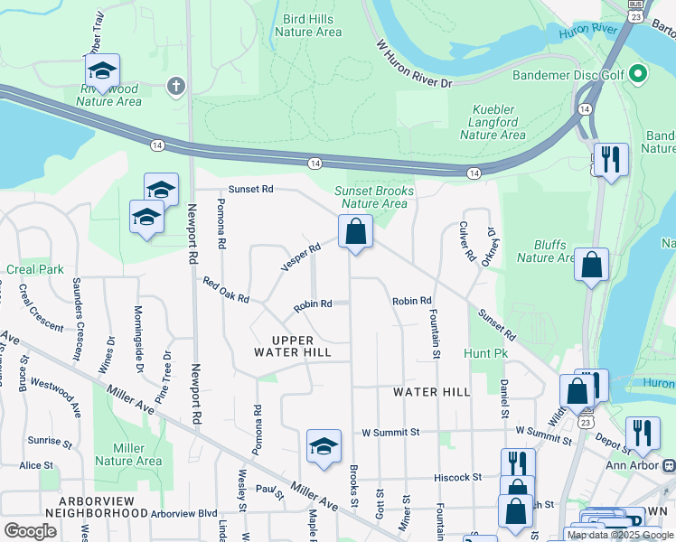 map of restaurants, bars, coffee shops, grocery stores, and more near 1215 Brooks Street in Ann Arbor