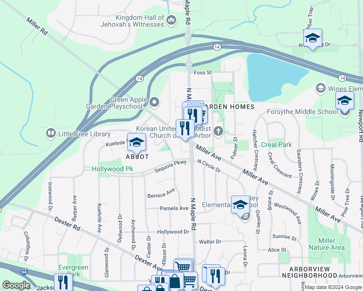 map of restaurants, bars, coffee shops, grocery stores, and more near 1205 North Maple Road in Ann Arbor