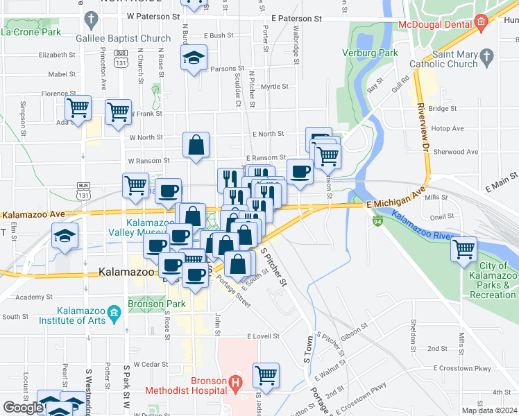 map of restaurants, bars, coffee shops, grocery stores, and more near 309 East Water Street in Kalamazoo