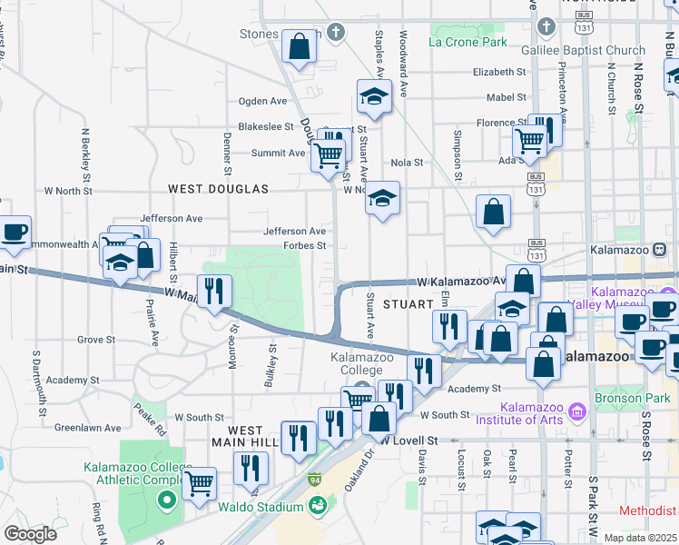 map of restaurants, bars, coffee shops, grocery stores, and more near 1025 West Kalamazoo Avenue in Kalamazoo