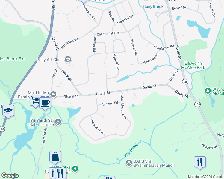 map of restaurants, bars, coffee shops, grocery stores, and more near 293 Davis Street in Northborough