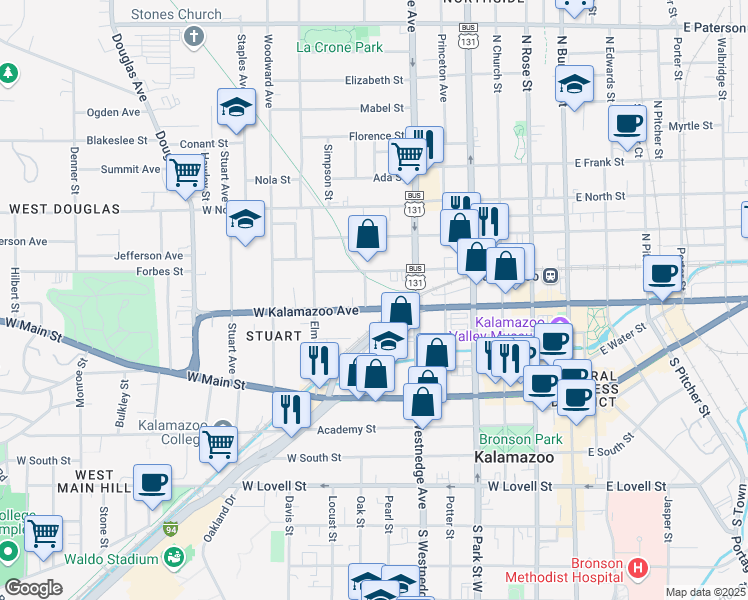 map of restaurants, bars, coffee shops, grocery stores, and more near 608 West Kalamazoo Avenue in Kalamazoo