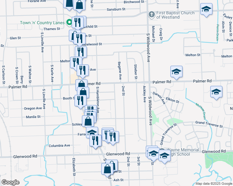 map of restaurants, bars, coffee shops, grocery stores, and more near 1944 South Christine in Westland