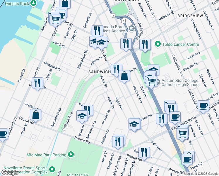 map of restaurants, bars, coffee shops, grocery stores, and more near 1030 Brock Street in Windsor