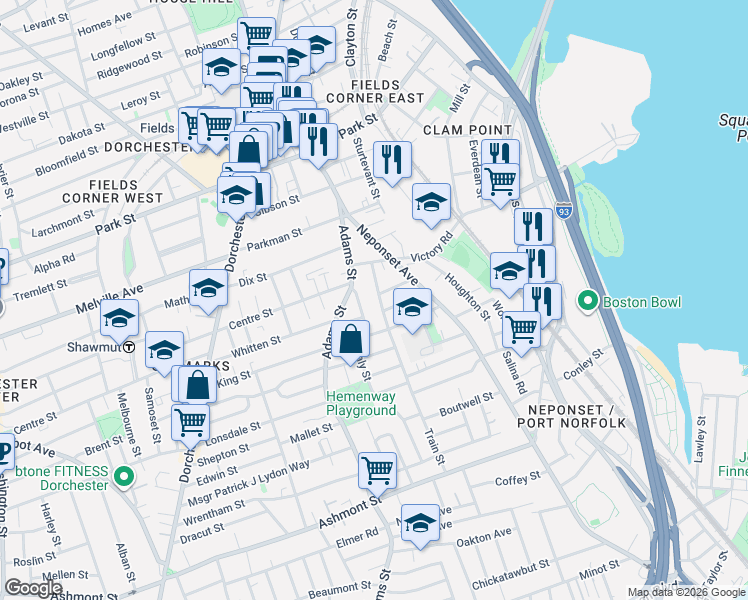 map of restaurants, bars, coffee shops, grocery stores, and more near 31 Train Street in Boston