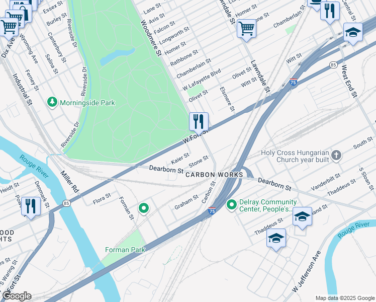 map of restaurants, bars, coffee shops, grocery stores, and more near 9482 Stone Street in Detroit