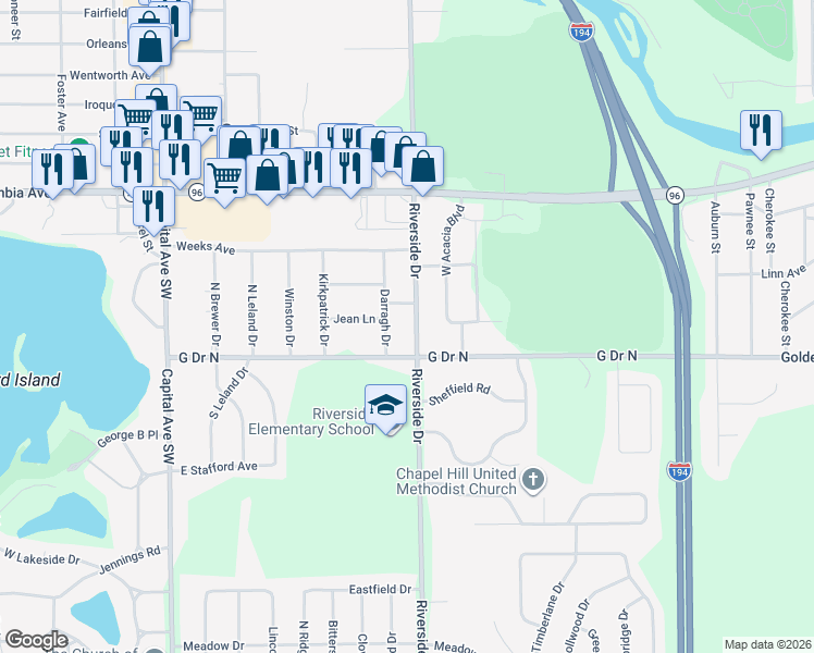 map of restaurants, bars, coffee shops, grocery stores, and more near 594 Riverside Drive in Battle Creek