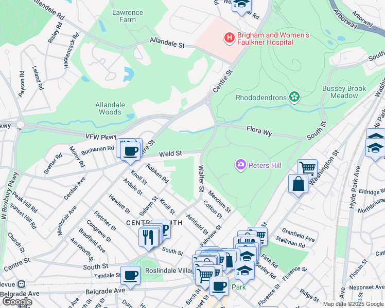map of restaurants, bars, coffee shops, grocery stores, and more near 40 Selwyn Street in Boston