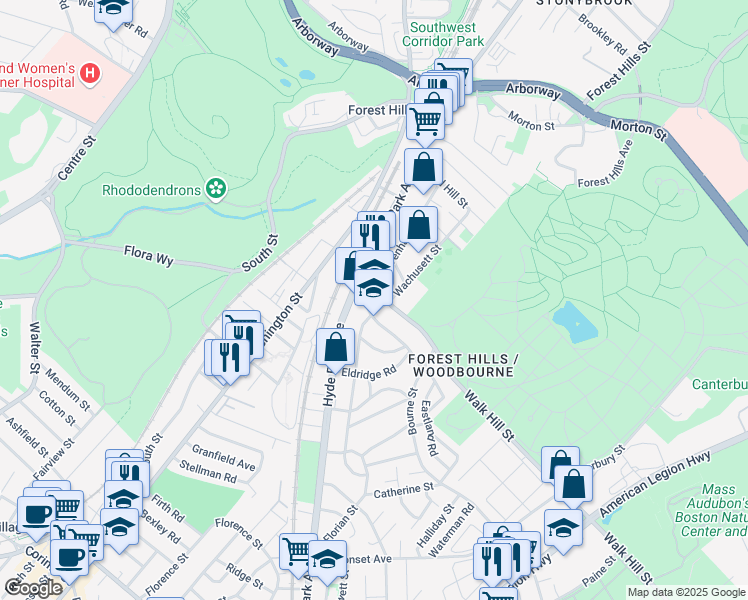 map of restaurants, bars, coffee shops, grocery stores, and more near 25 Walk Hill Street in Boston