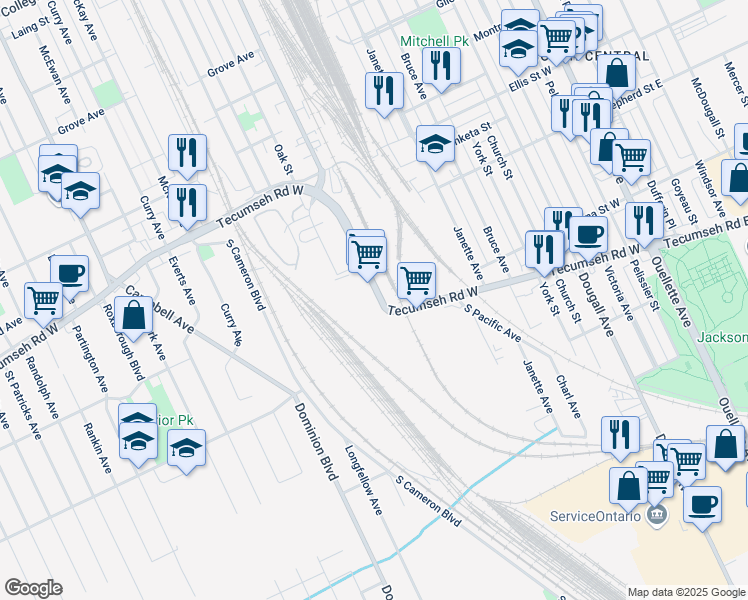 map of restaurants, bars, coffee shops, grocery stores, and more near 921 Tecumseh Road West in Windsor