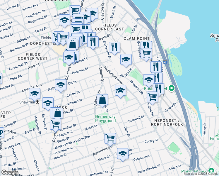 map of restaurants, bars, coffee shops, grocery stores, and more near 31 Train Street in Boston