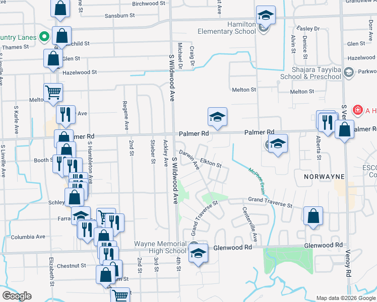 map of restaurants, bars, coffee shops, grocery stores, and more near 1925 Eagle Court in Westland