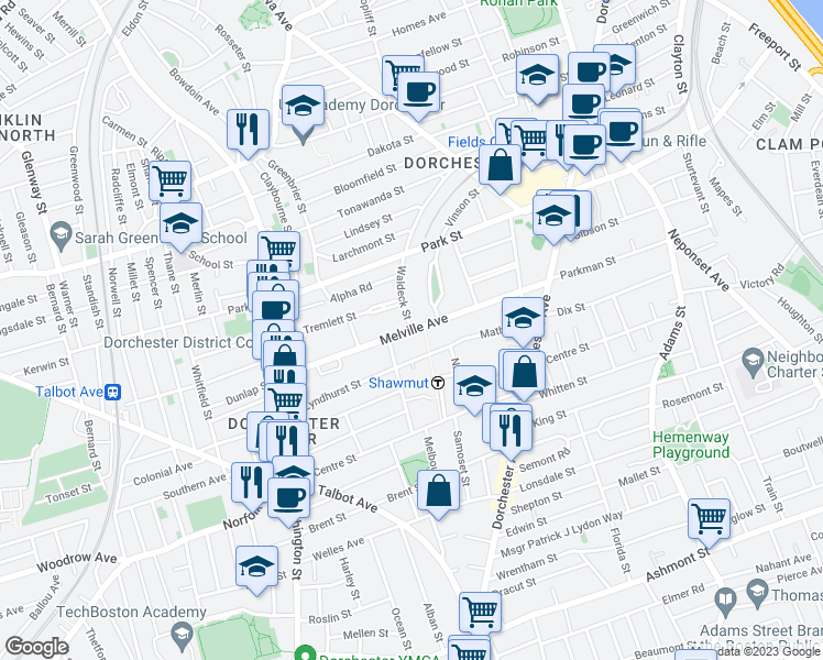 map of restaurants, bars, coffee shops, grocery stores, and more near Melville Ave & Waldeck St in Boston