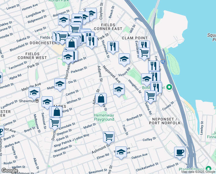 map of restaurants, bars, coffee shops, grocery stores, and more near 49 Train Street in Boston