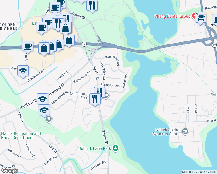 map of restaurants, bars, coffee shops, grocery stores, and more near 6 Possum Hollow Lane in Natick