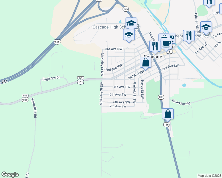 map of restaurants, bars, coffee shops, grocery stores, and more near 701-799 5th Avenue Southwest in Cascade