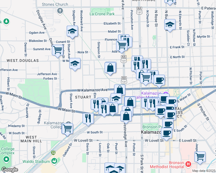 map of restaurants, bars, coffee shops, grocery stores, and more near 605 West Kalamazoo Avenue in Kalamazoo