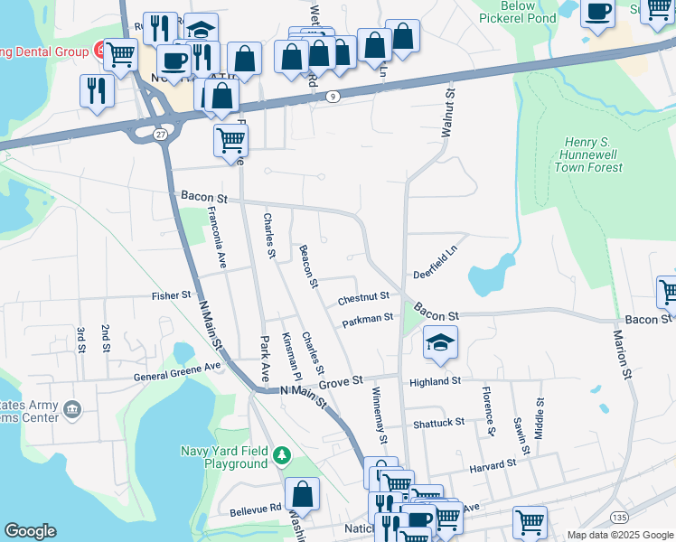map of restaurants, bars, coffee shops, grocery stores, and more near 29 Beacon Street in Natick