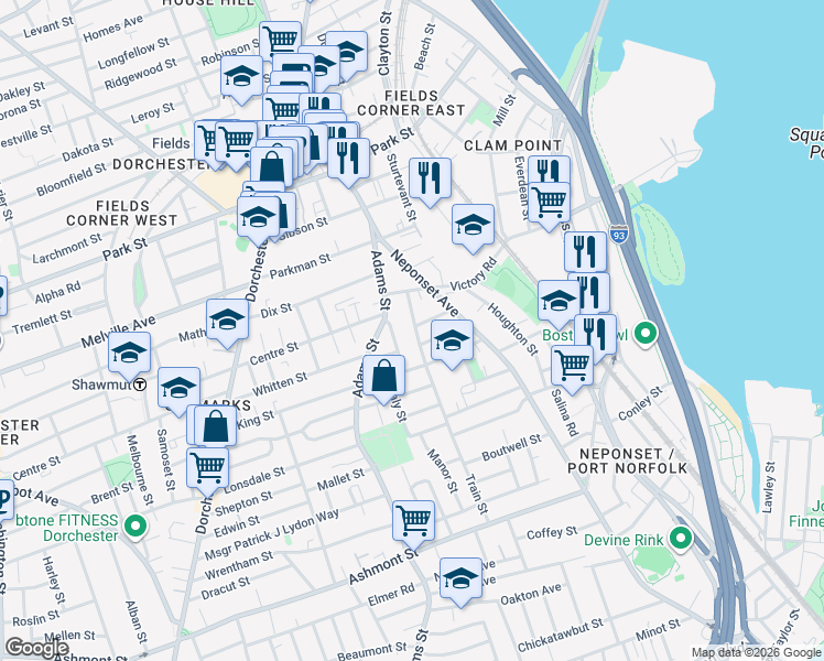 map of restaurants, bars, coffee shops, grocery stores, and more near 49 Train Street in Boston