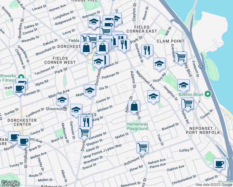 map of restaurants, bars, coffee shops, grocery stores, and more near 64 Whitten Street in Boston