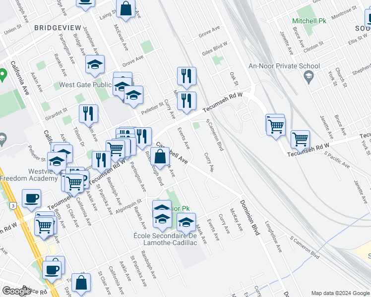 map of restaurants, bars, coffee shops, grocery stores, and more near in Windsor
