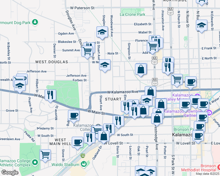 map of restaurants, bars, coffee shops, grocery stores, and more near 324 Woodward Avenue in Kalamazoo