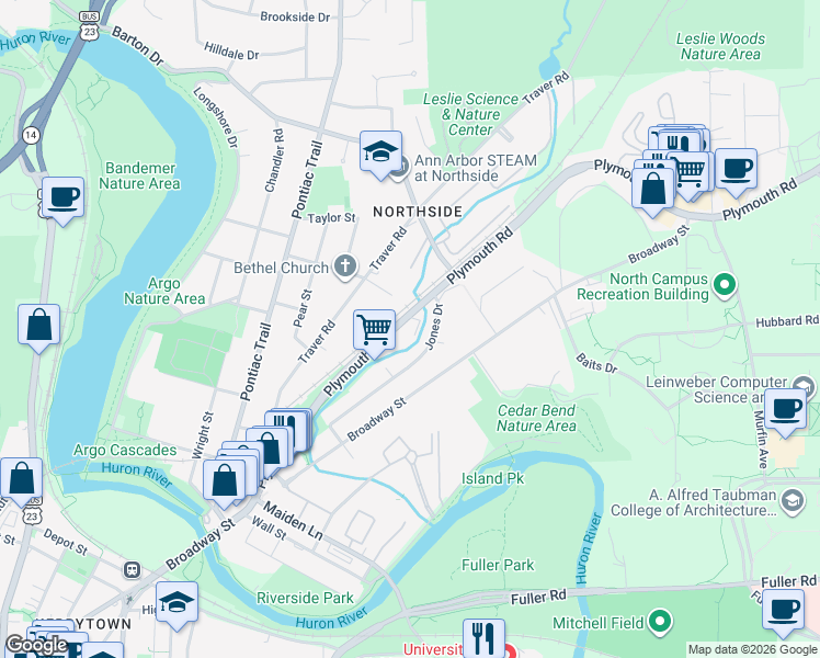 map of restaurants, bars, coffee shops, grocery stores, and more near 1550 Plymouth Road in Ann Arbor