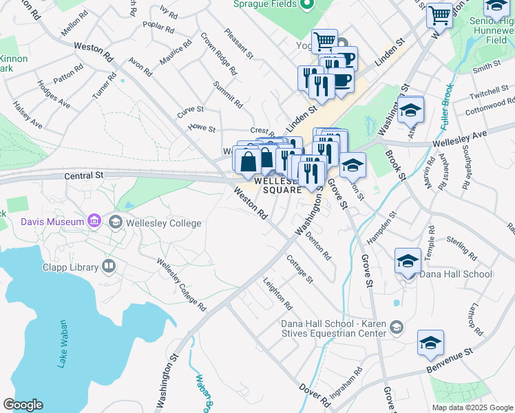 map of restaurants, bars, coffee shops, grocery stores, and more near 10 Cross Street in Wellesley