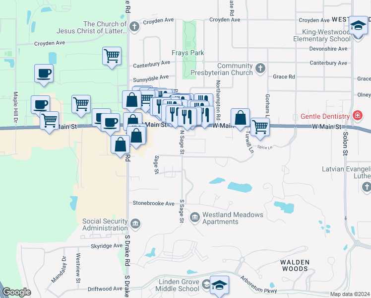 map of restaurants, bars, coffee shops, grocery stores, and more near 302 North Sage Street in Kalamazoo