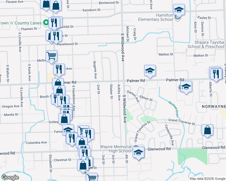 map of restaurants, bars, coffee shops, grocery stores, and more near 1992 Stieber Street in Westland