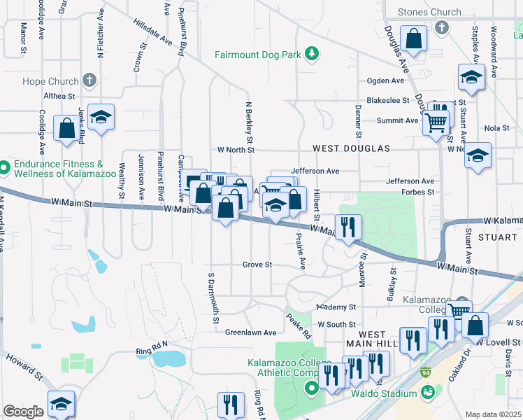 map of restaurants, bars, coffee shops, grocery stores, and more near 1722 West Main Street in Kalamazoo