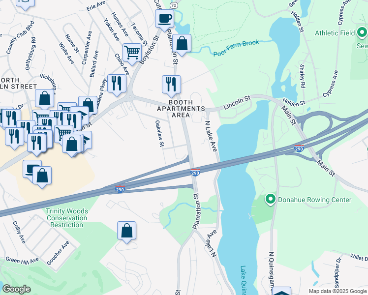 map of restaurants, bars, coffee shops, grocery stores, and more near 5 Oakhurst Street in Worcester