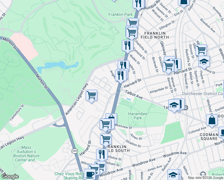 map of restaurants, bars, coffee shops, grocery stores, and more near 1 Shandon Road in Boston
