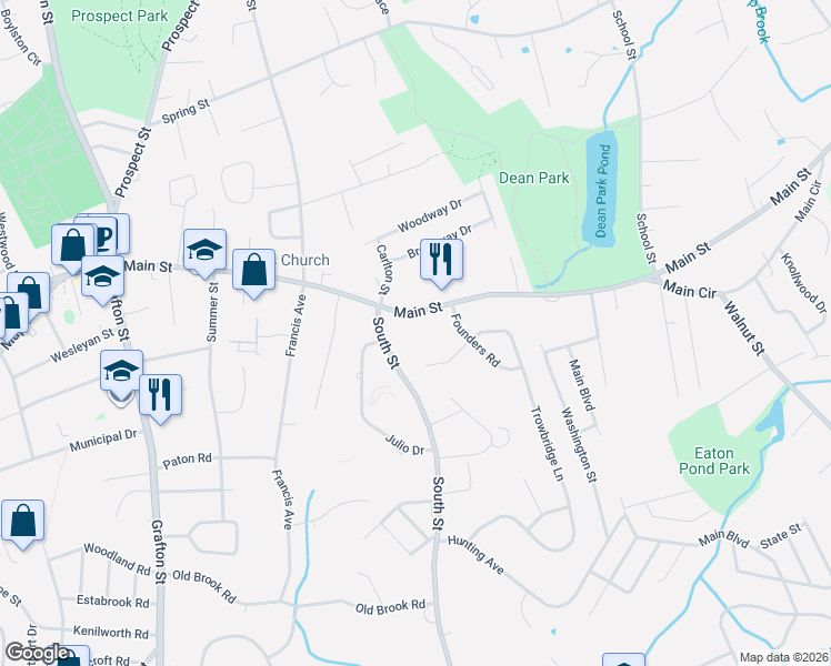 map of restaurants, bars, coffee shops, grocery stores, and more near 735 Main Street in Shrewsbury