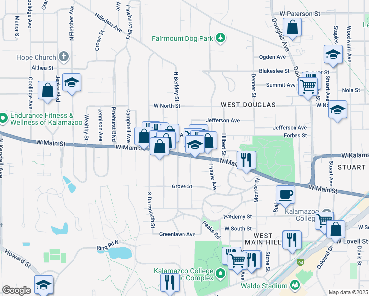 map of restaurants, bars, coffee shops, grocery stores, and more near 1722 West Main Street in Kalamazoo