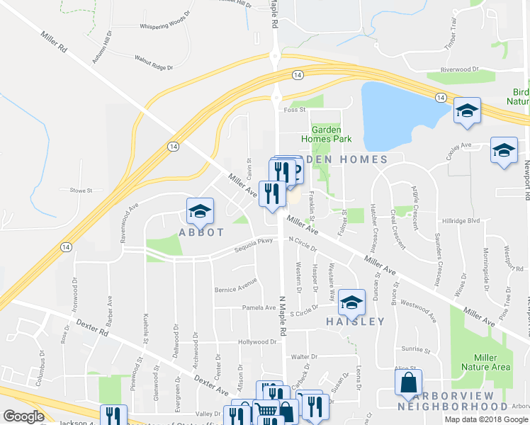 map of restaurants, bars, coffee shops, grocery stores, and more near 2521 Miller Avenue in Ann Arbor