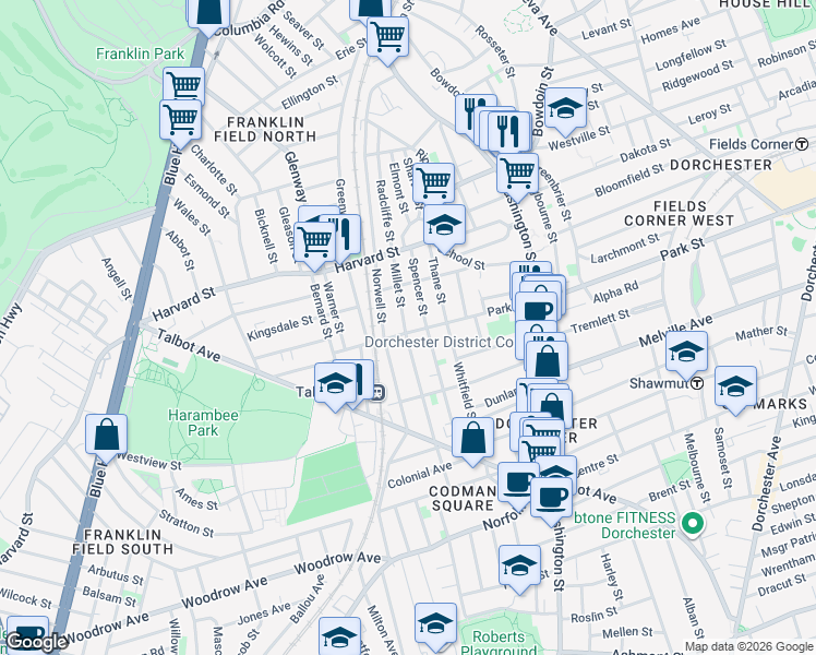map of restaurants, bars, coffee shops, grocery stores, and more near 33 Millet Street in Boston