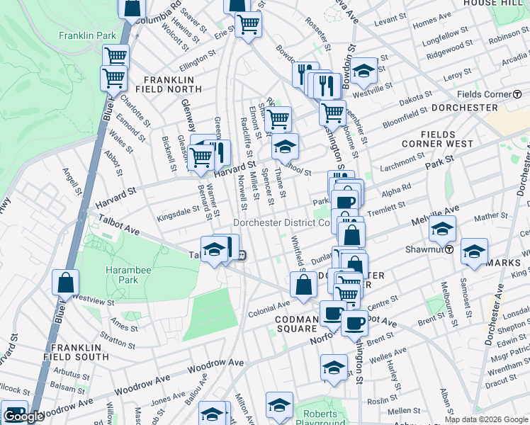 map of restaurants, bars, coffee shops, grocery stores, and more near 33 Millet Street in Boston
