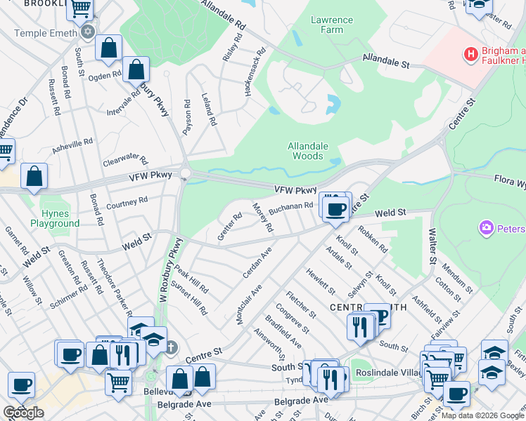 map of restaurants, bars, coffee shops, grocery stores, and more near 73 Vincent Road in Boston