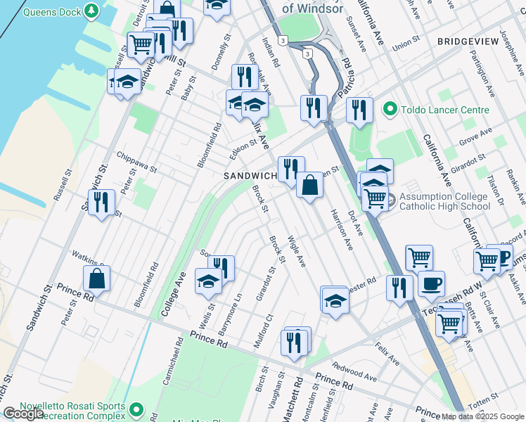 map of restaurants, bars, coffee shops, grocery stores, and more near 1009 Brock Street in Windsor