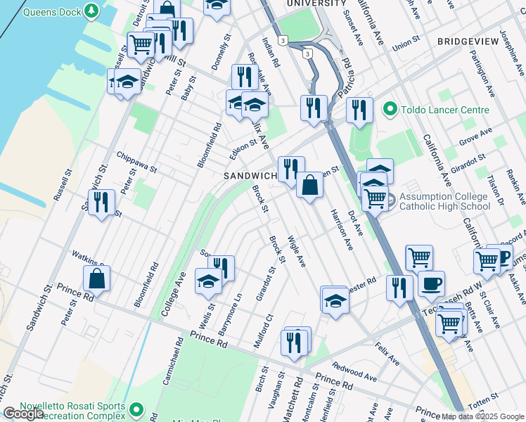 map of restaurants, bars, coffee shops, grocery stores, and more near 1009 Brock Street in Windsor