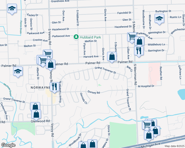 map of restaurants, bars, coffee shops, grocery stores, and more near 32155 Genessee Street in Westland