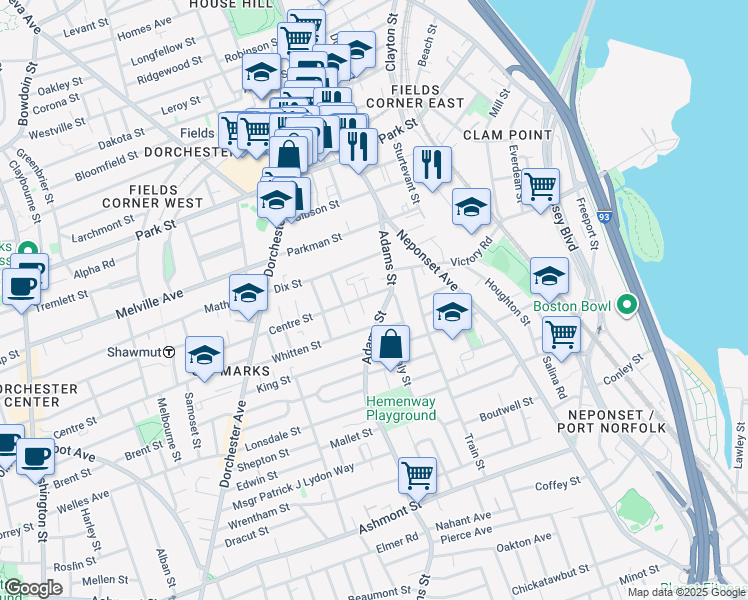 map of restaurants, bars, coffee shops, grocery stores, and more near 393 Adams Street in Boston