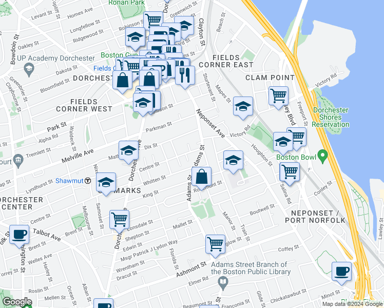map of restaurants, bars, coffee shops, grocery stores, and more near 393 Adams Street in Boston