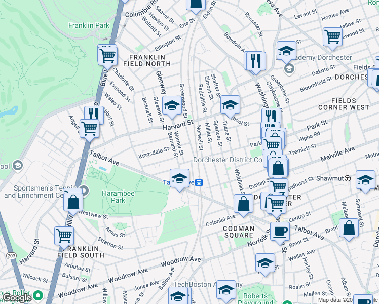 map of restaurants, bars, coffee shops, grocery stores, and more near 18-24 Standish Street in Boston