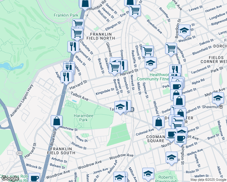 map of restaurants, bars, coffee shops, grocery stores, and more near 19 Warner Street in Boston