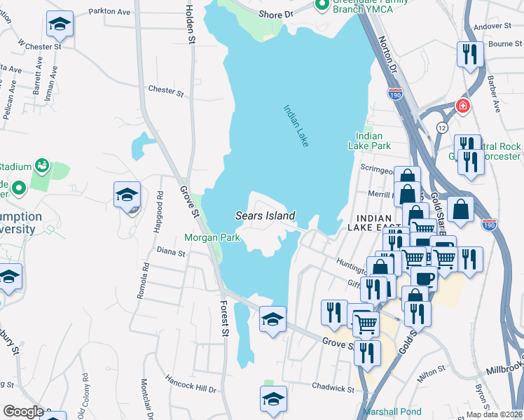 map of restaurants, bars, coffee shops, grocery stores, and more near 64 Sears Island Drive in Worcester